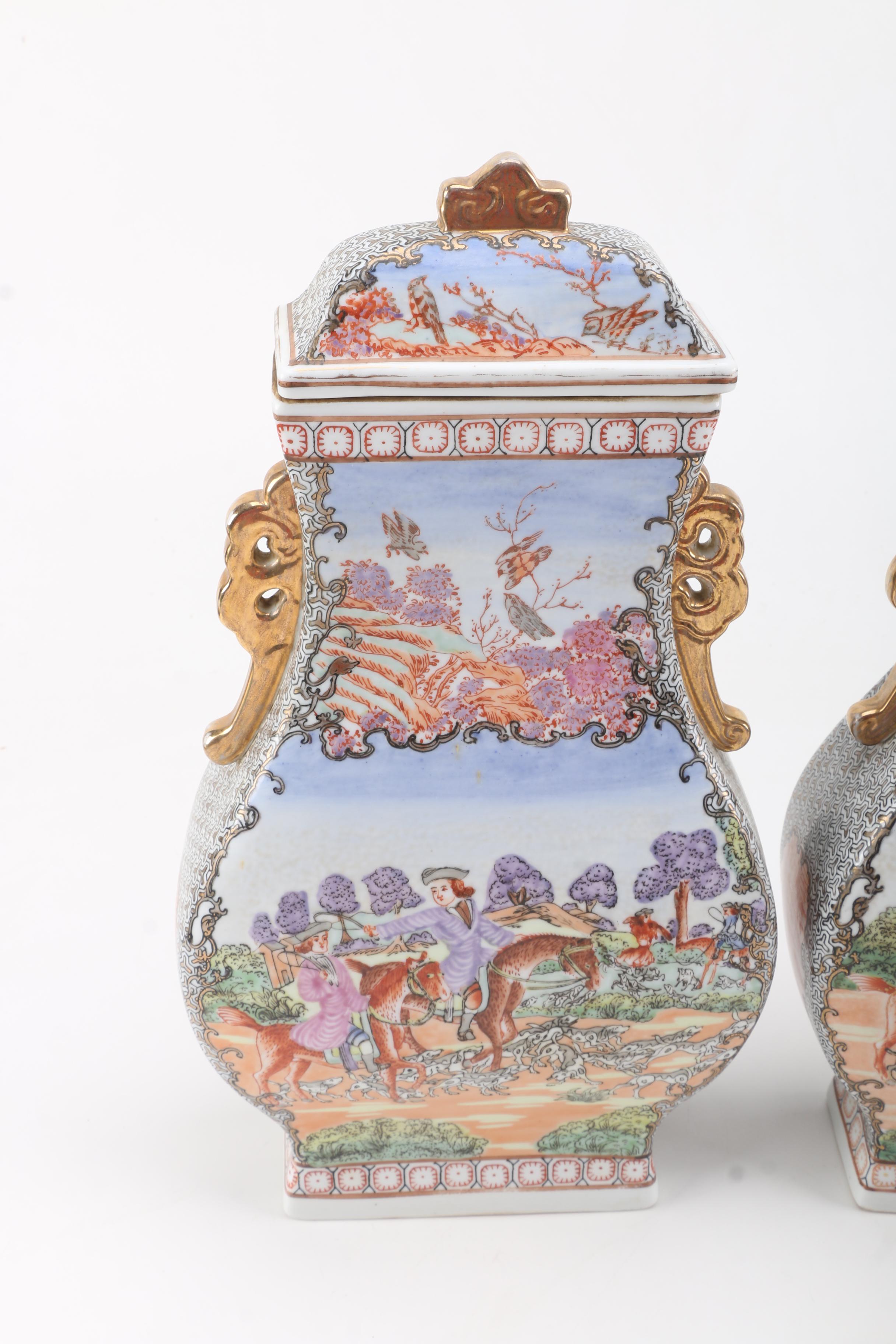 Chinese Export Style Covered Porcelain Urns