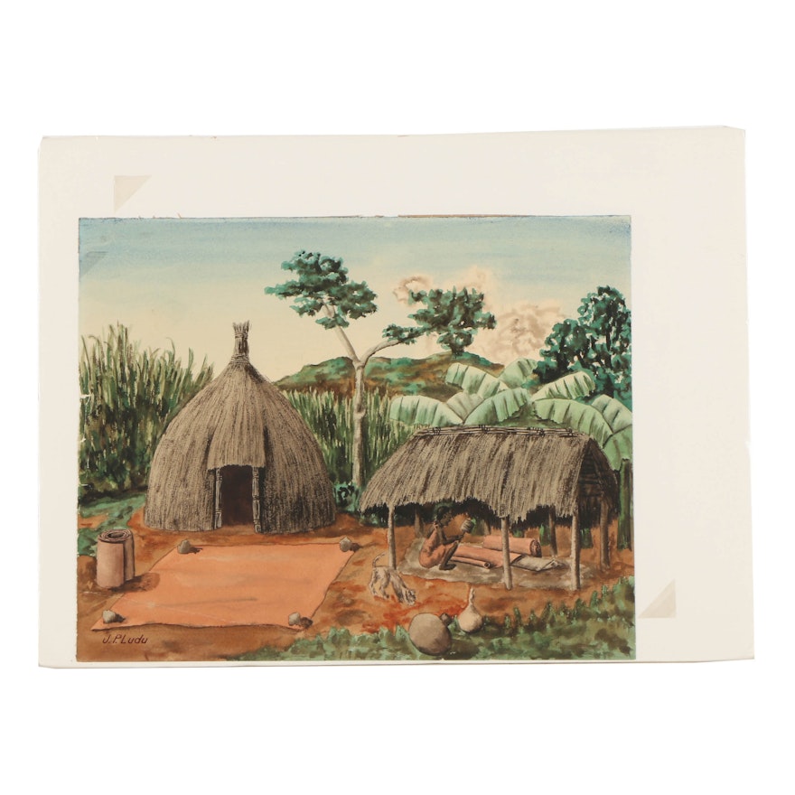 J.P. Ludu Watercolor on Paper "Carpet Work"