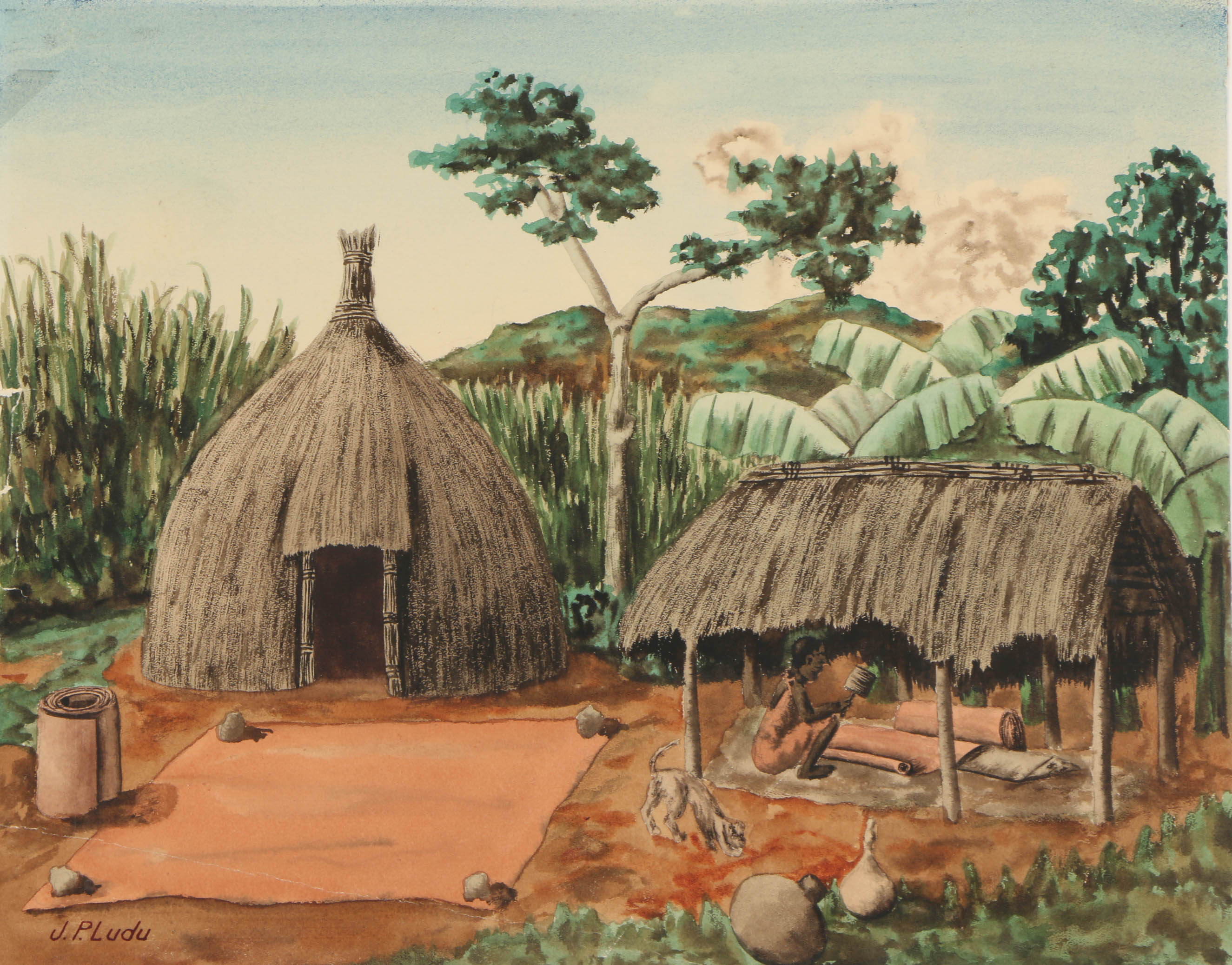 J.P. Ludu Watercolor on Paper "Carpet Work"