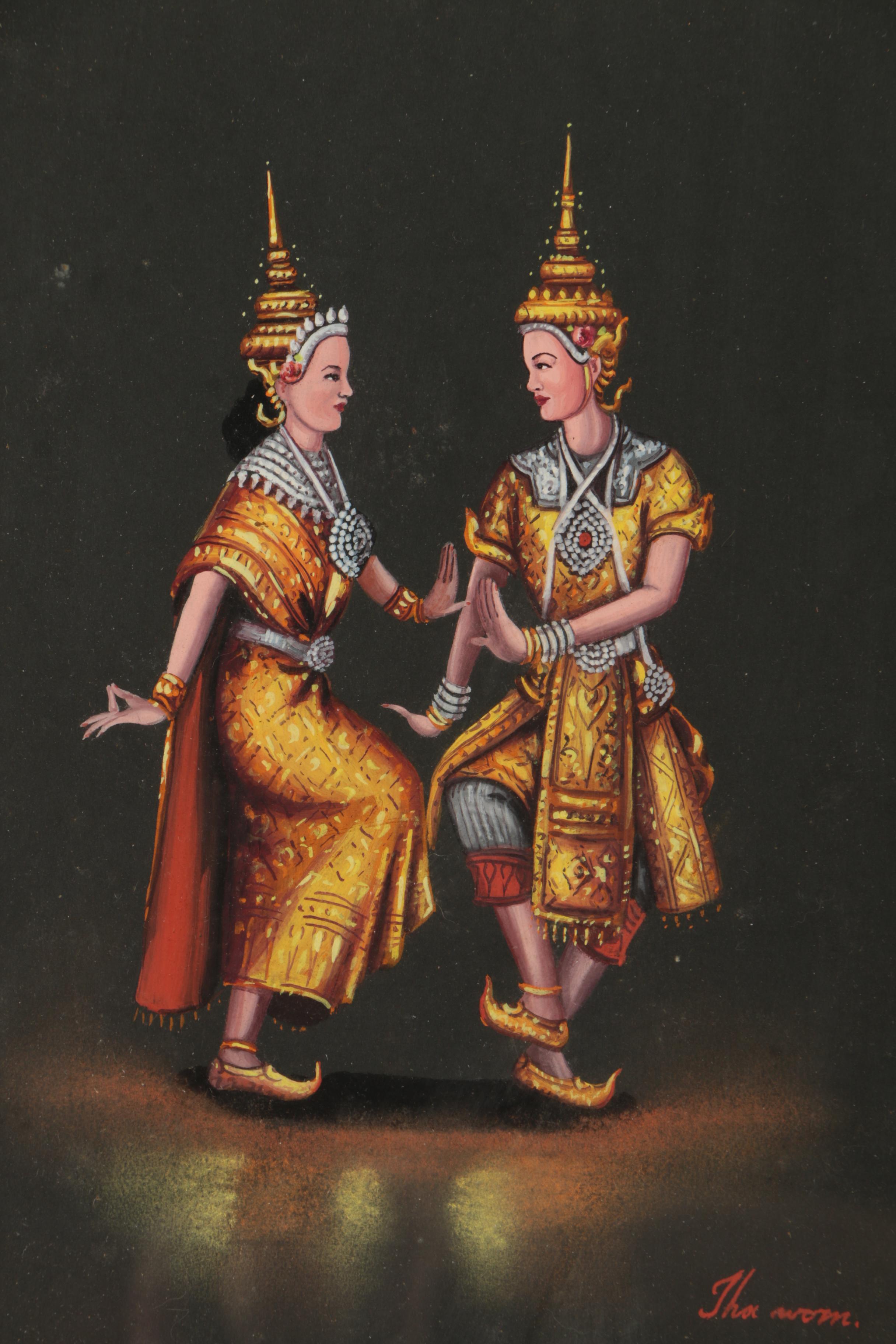 Tha Wom Gouache Painting of Thai Dancers
