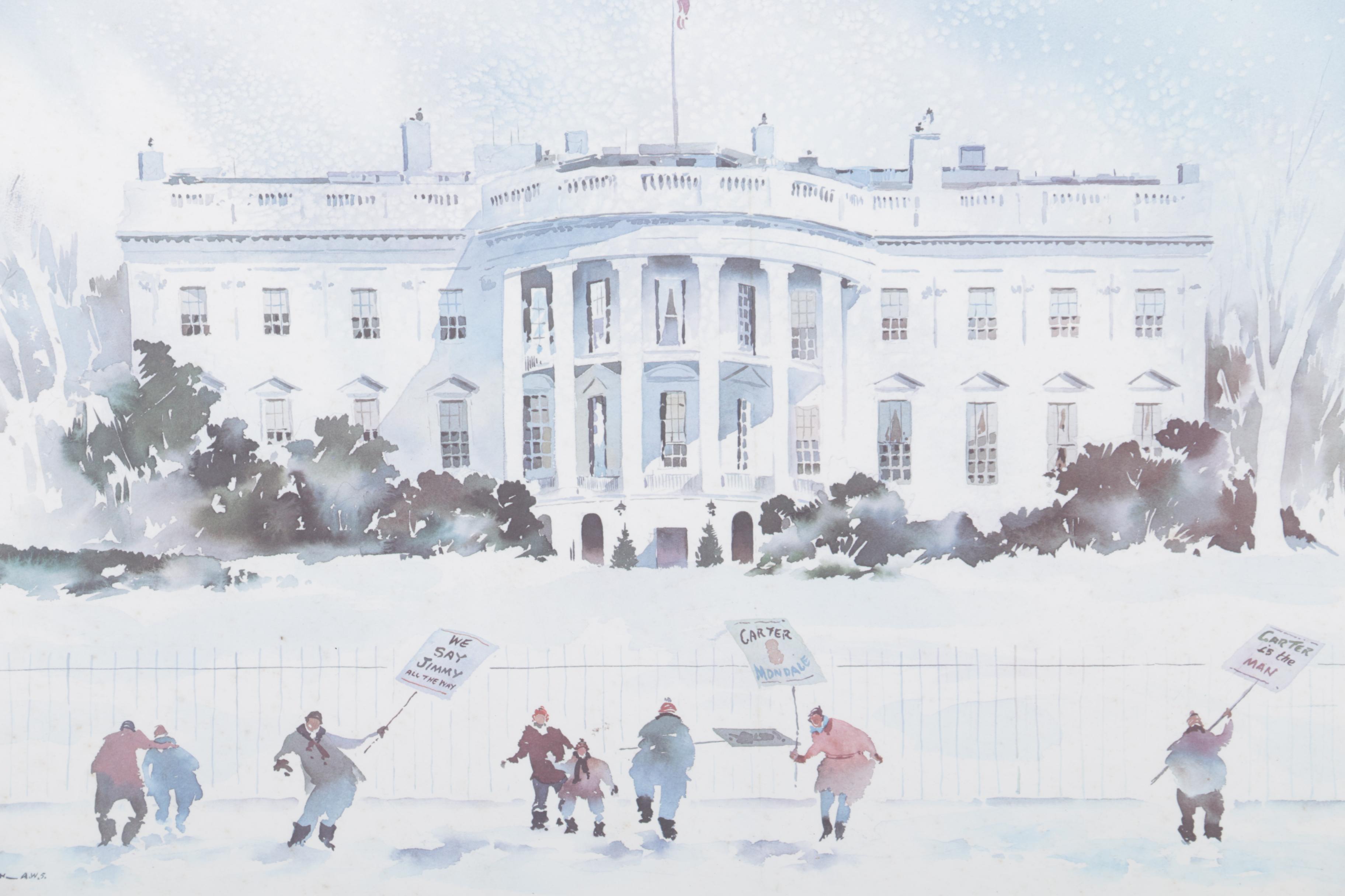 Reproduction Print on Paper After Howard Watson Watercolor of the White House