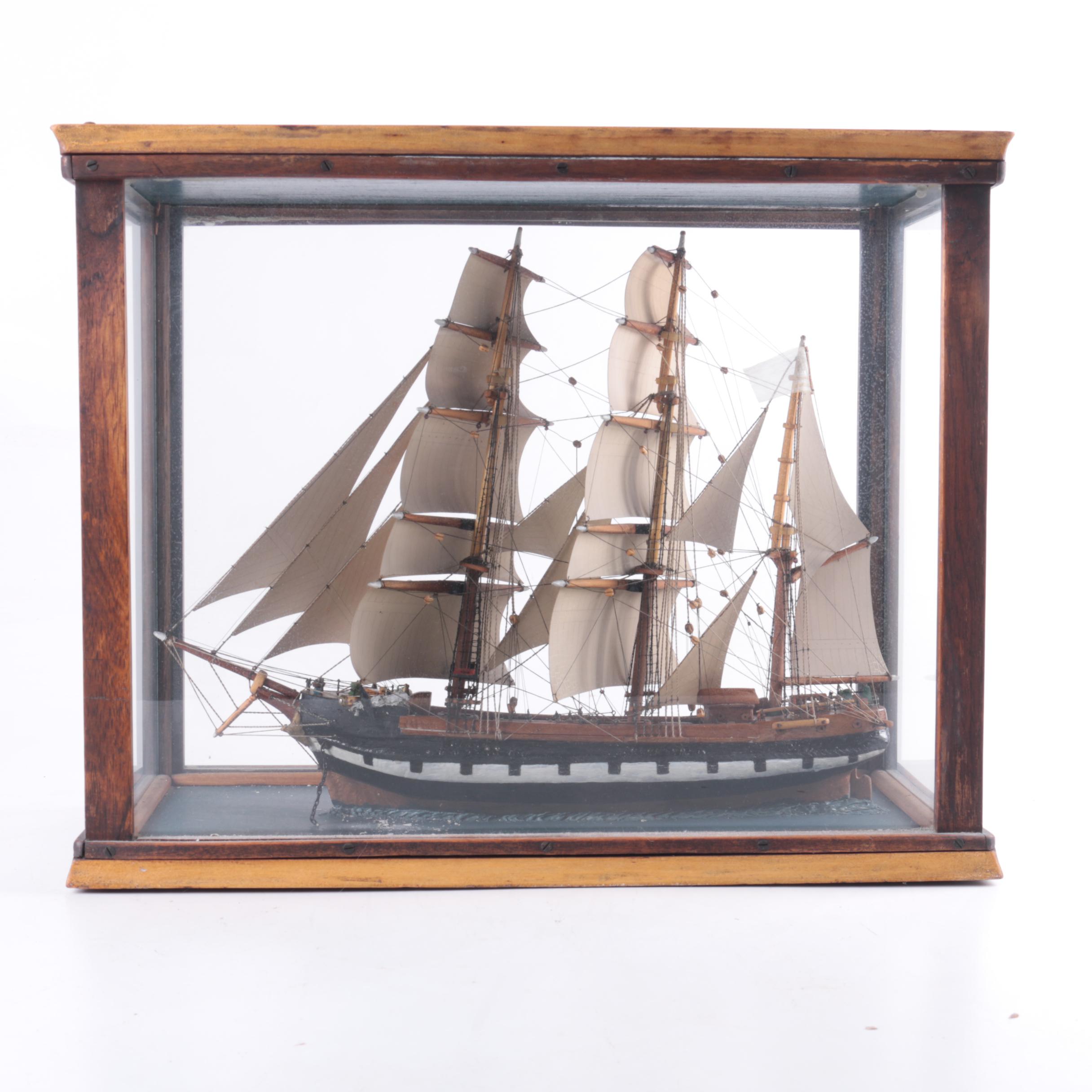 Vintage Model Sailing Ship in Wood Display Box