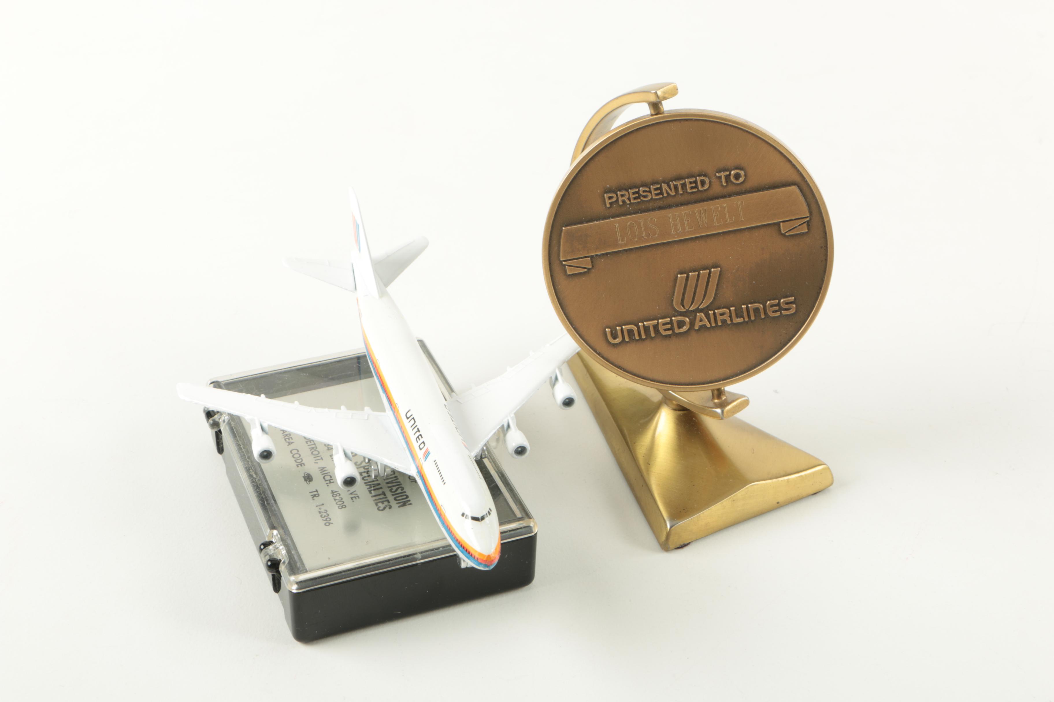 Vintage German Skating and Sleigh Ride Figurines and United Airlines Memorabilia