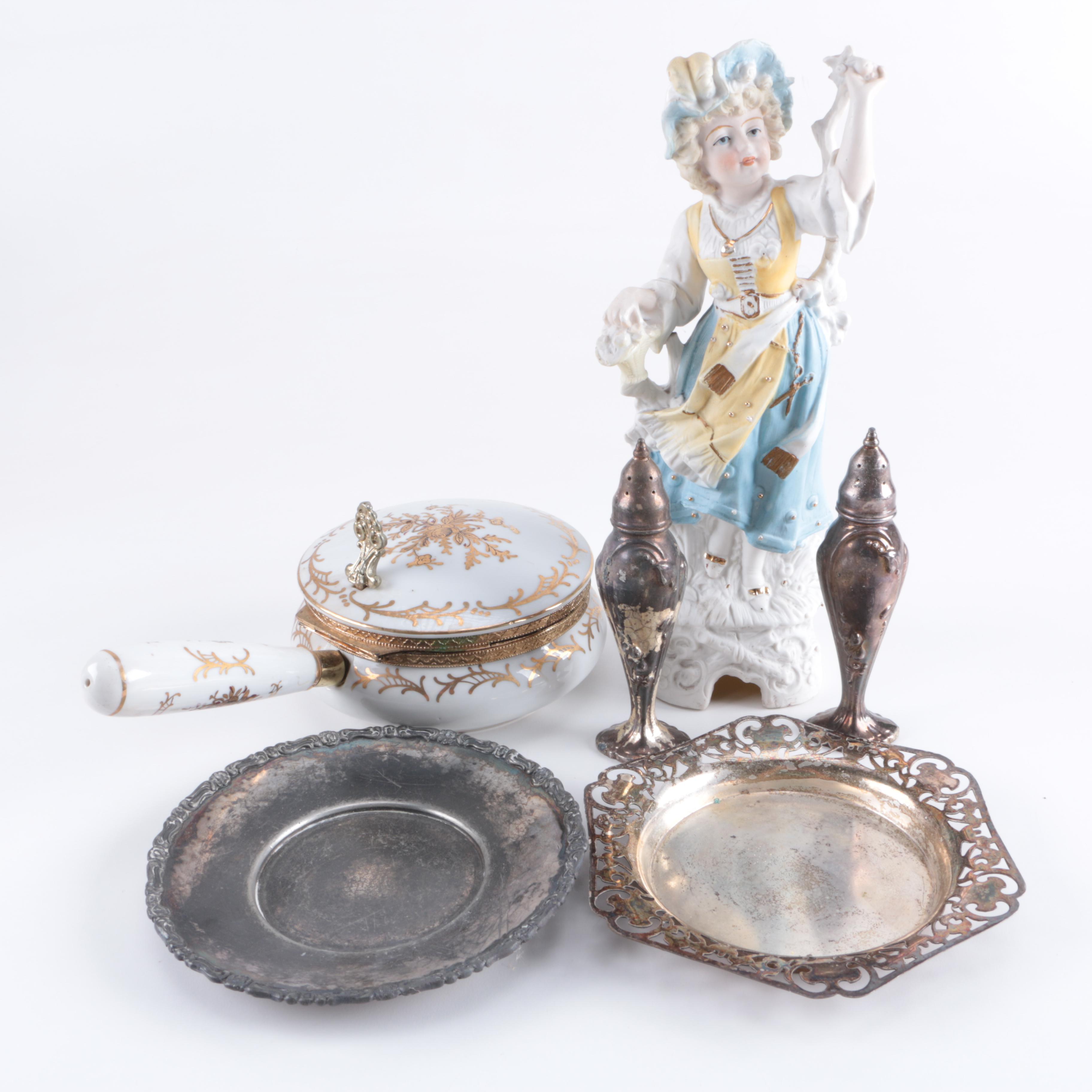 Assortment of Porcelain and Silver Plate Decor Including Barbour Silver