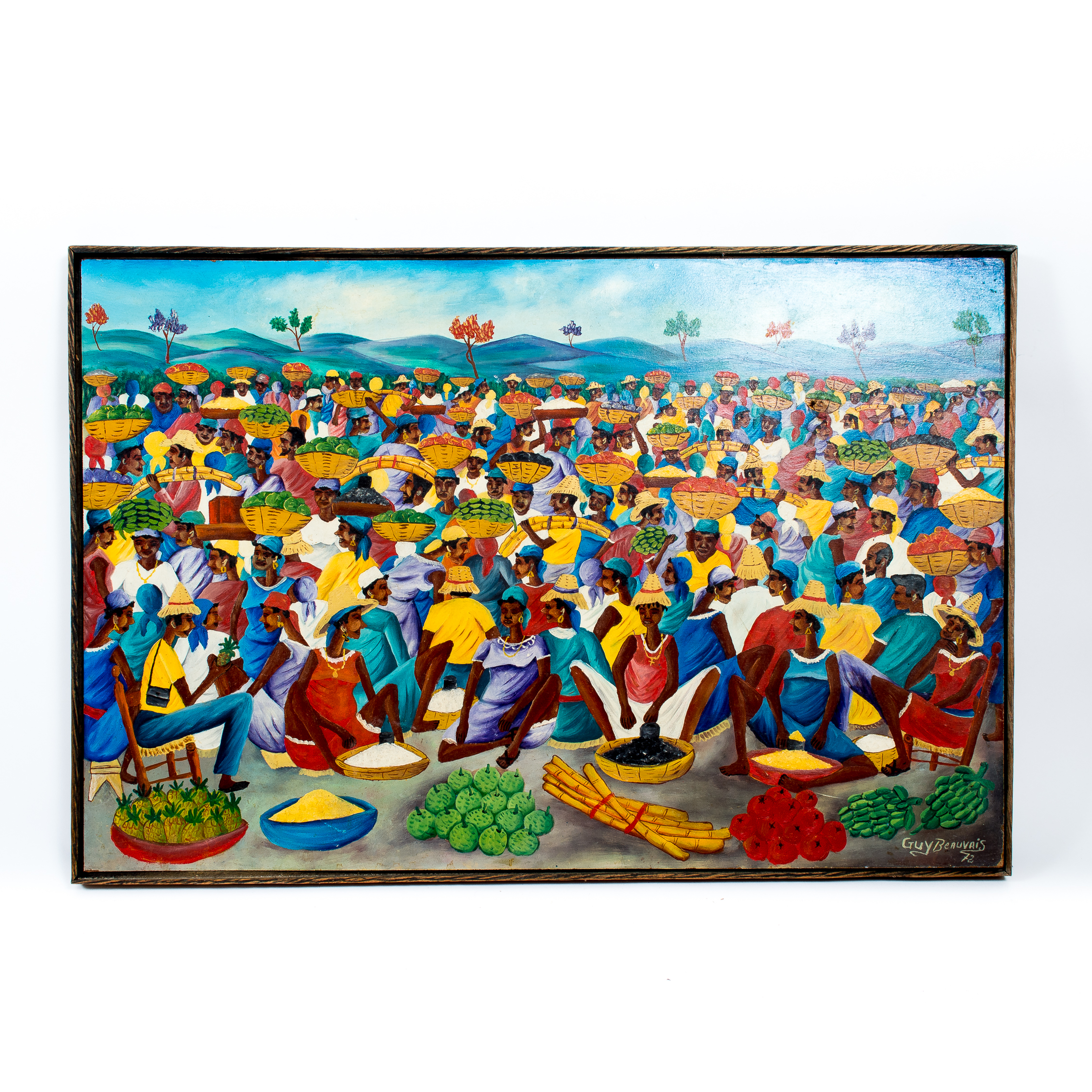 Guy Beauvais 1972 Acrylic Folk Art Painting "Haitian Marketplace"