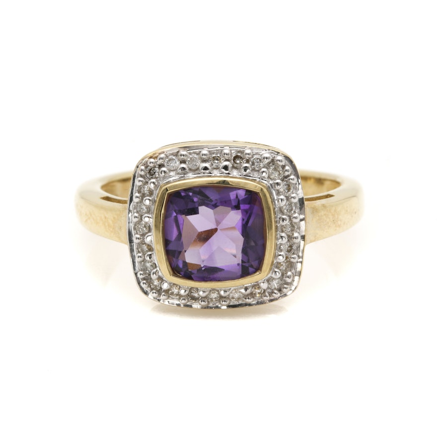 14K Yellow Gold Amethyst and Diamond Ring