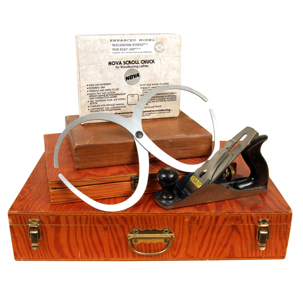 Woodworking Tools Including Nova Scroll Chuck and Calipers