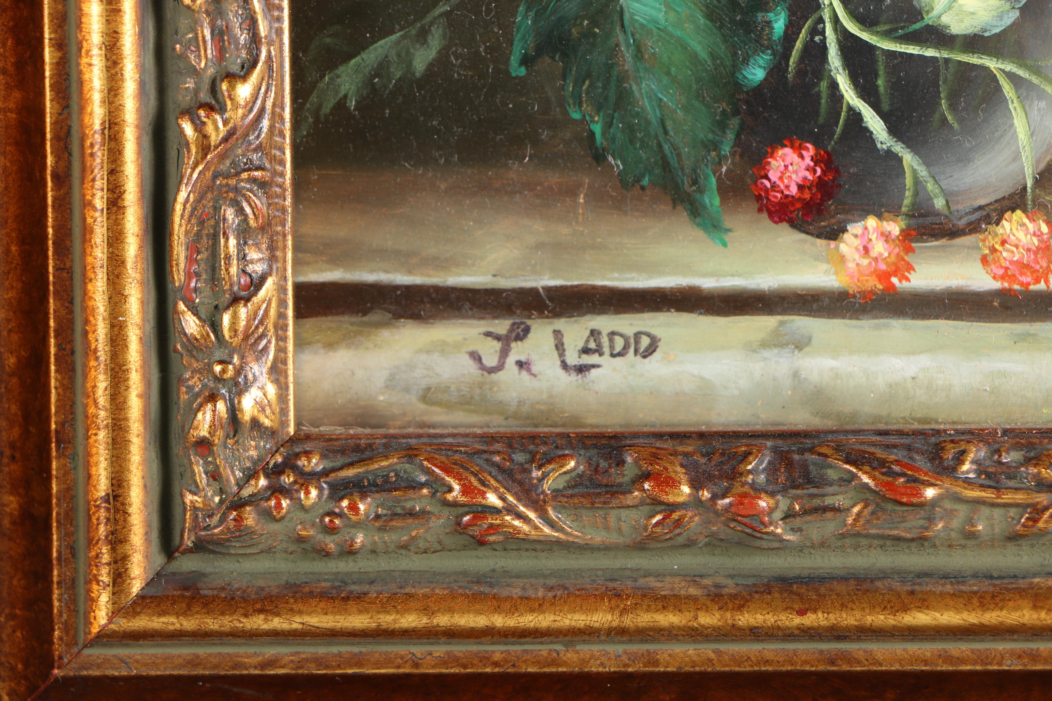 Pair of J. Ladd Oil Paintings on Board of Floral Still Life Scenes