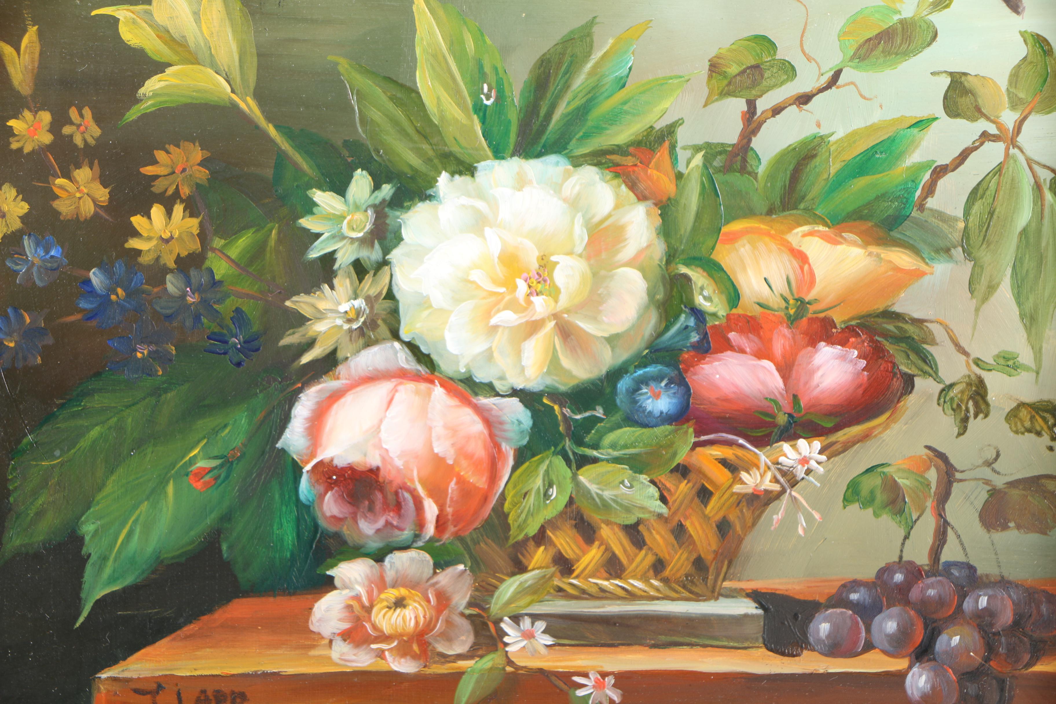 Pair of J. Ladd Oil Paintings on Board of Floral Still Life Scenes