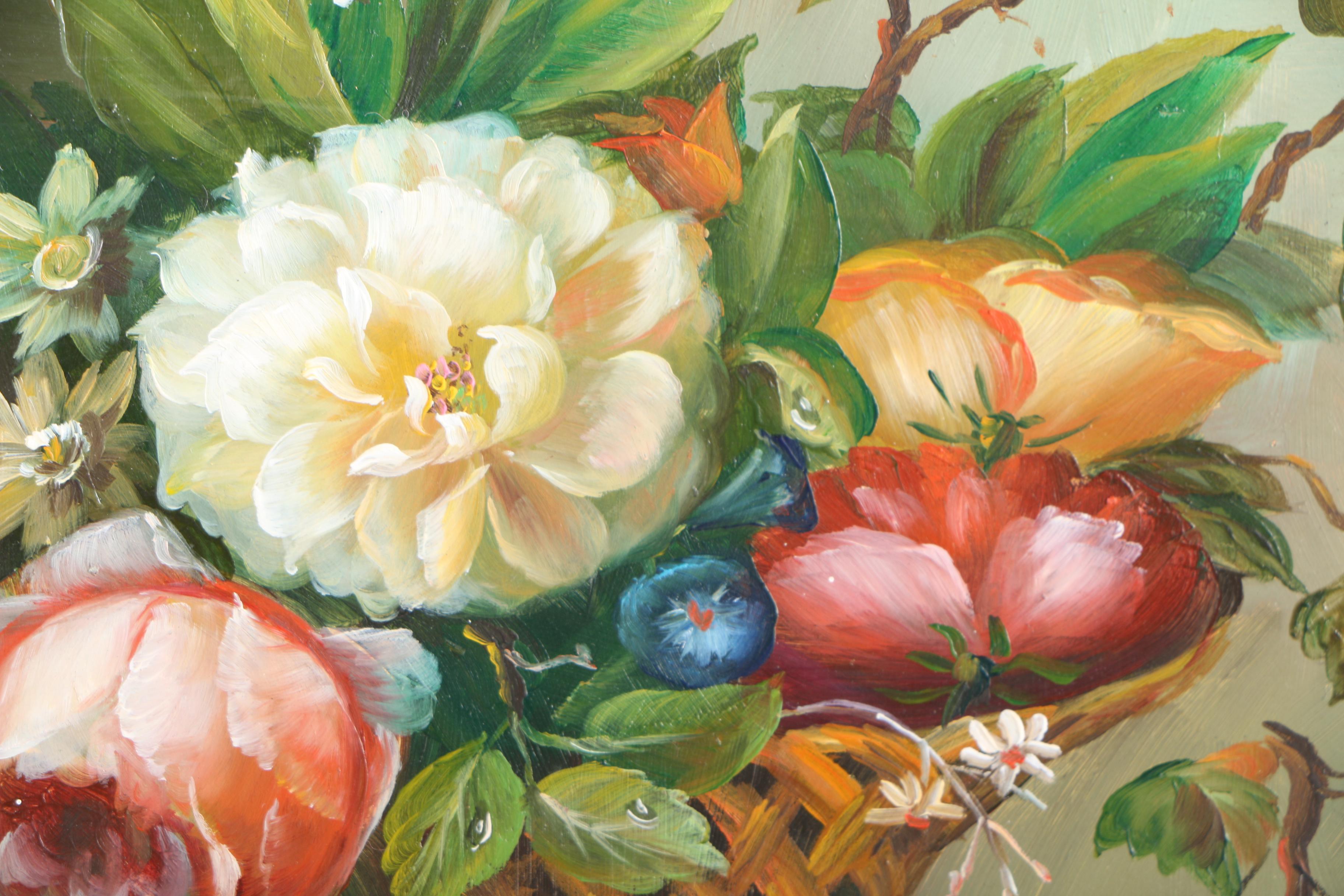 Pair of J. Ladd Oil Paintings on Board of Floral Still Life Scenes