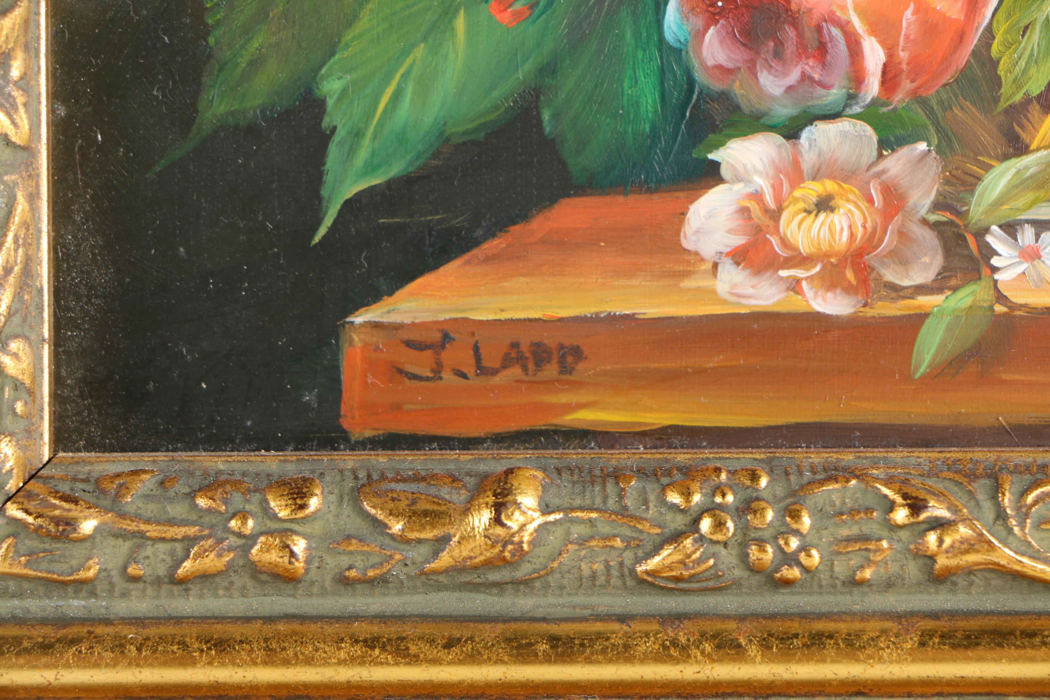Pair of J. Ladd Oil Paintings on Board of Floral Still Life Scenes