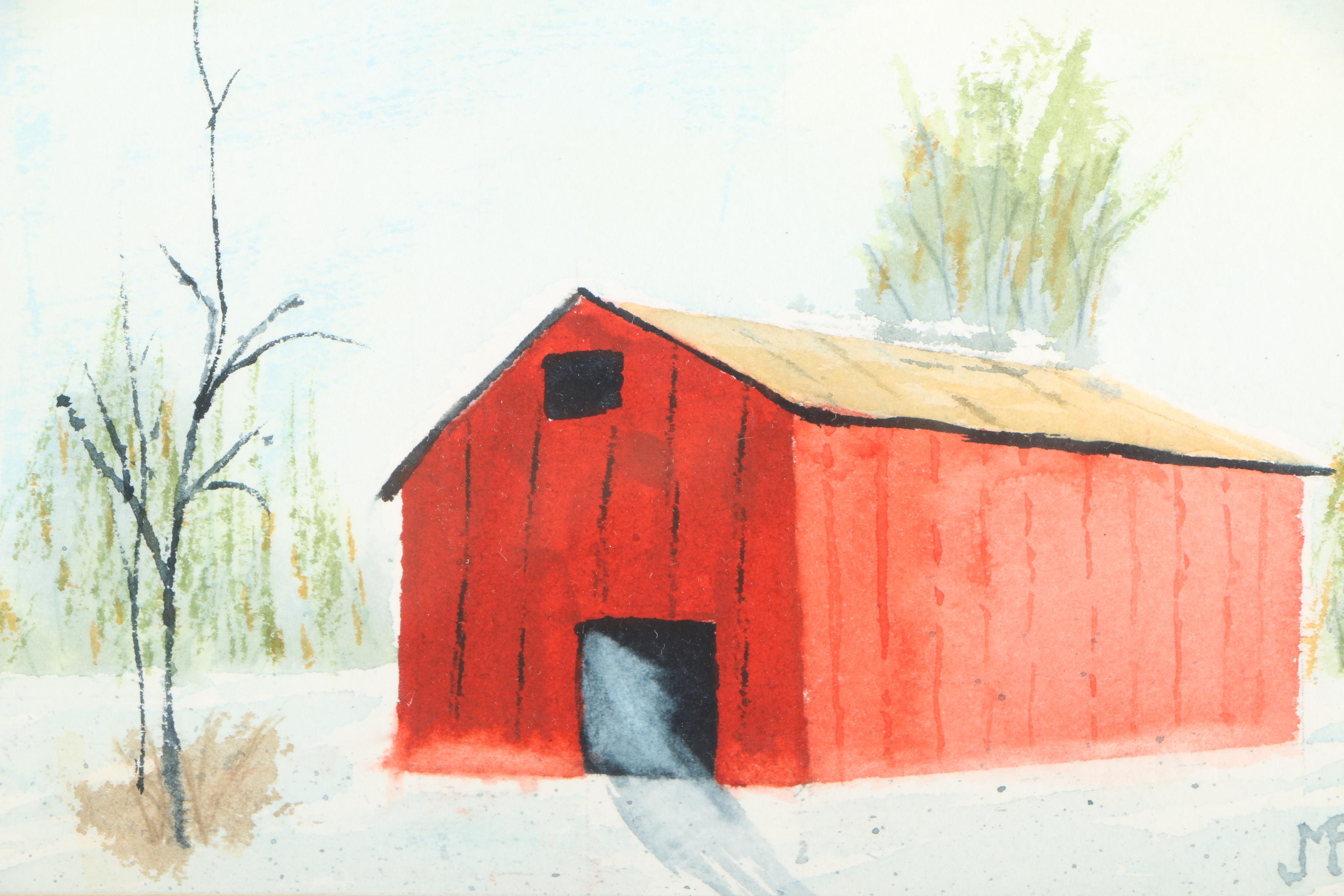 J.M.F. Watercolor Painting on Paper of Winter Landscape with Red Barn