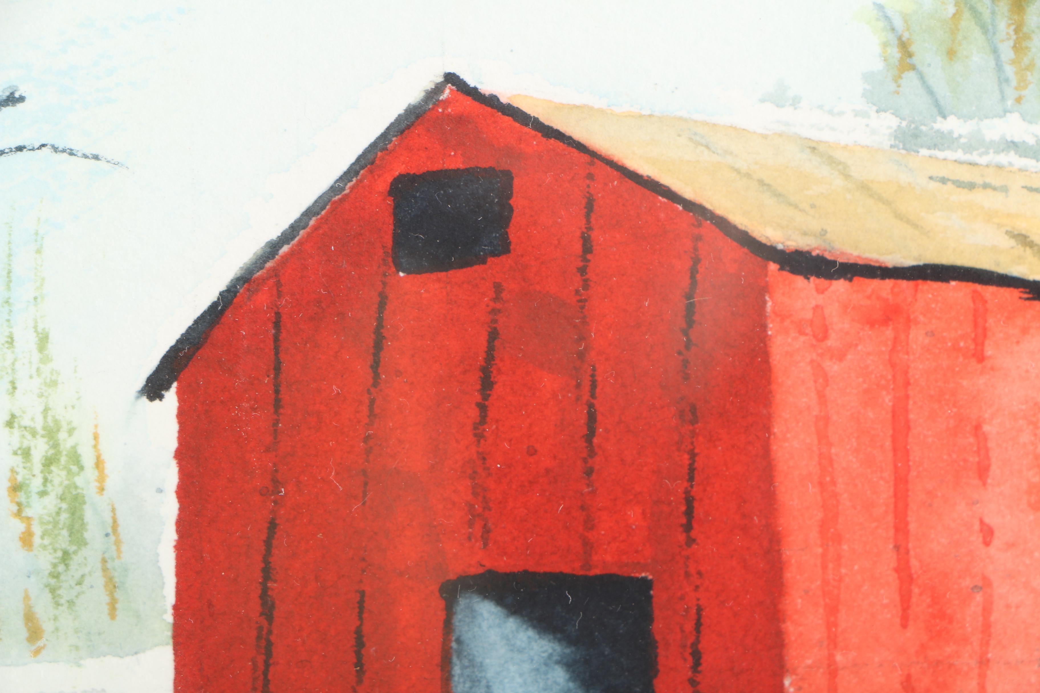 J.M.F. Watercolor Painting on Paper of Winter Landscape with Red Barn