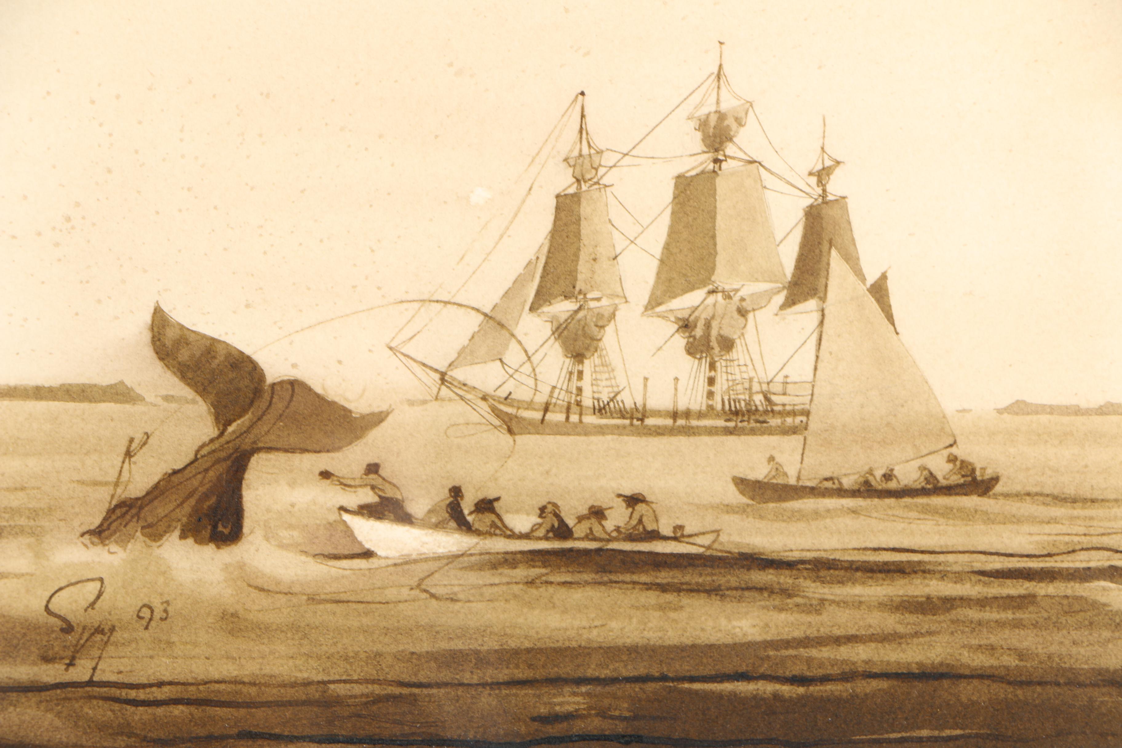 Watercolor Painting on Paper Depicting Whale Hunt