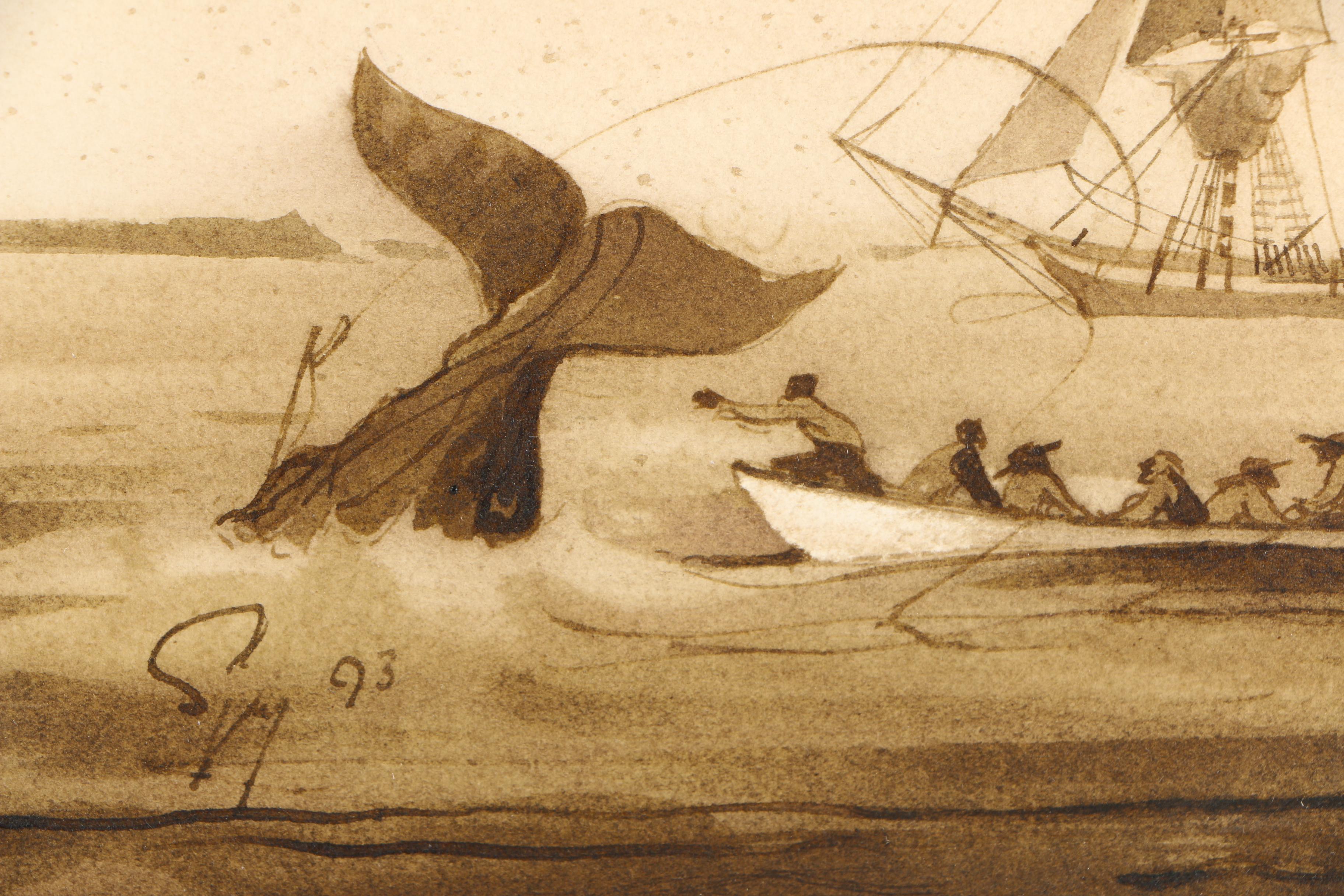 Watercolor Painting on Paper Depicting Whale Hunt