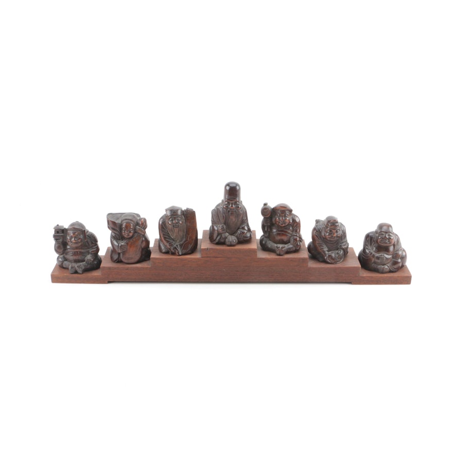 Japanese Seven Gods of Fortune Figurines on Stepped Base