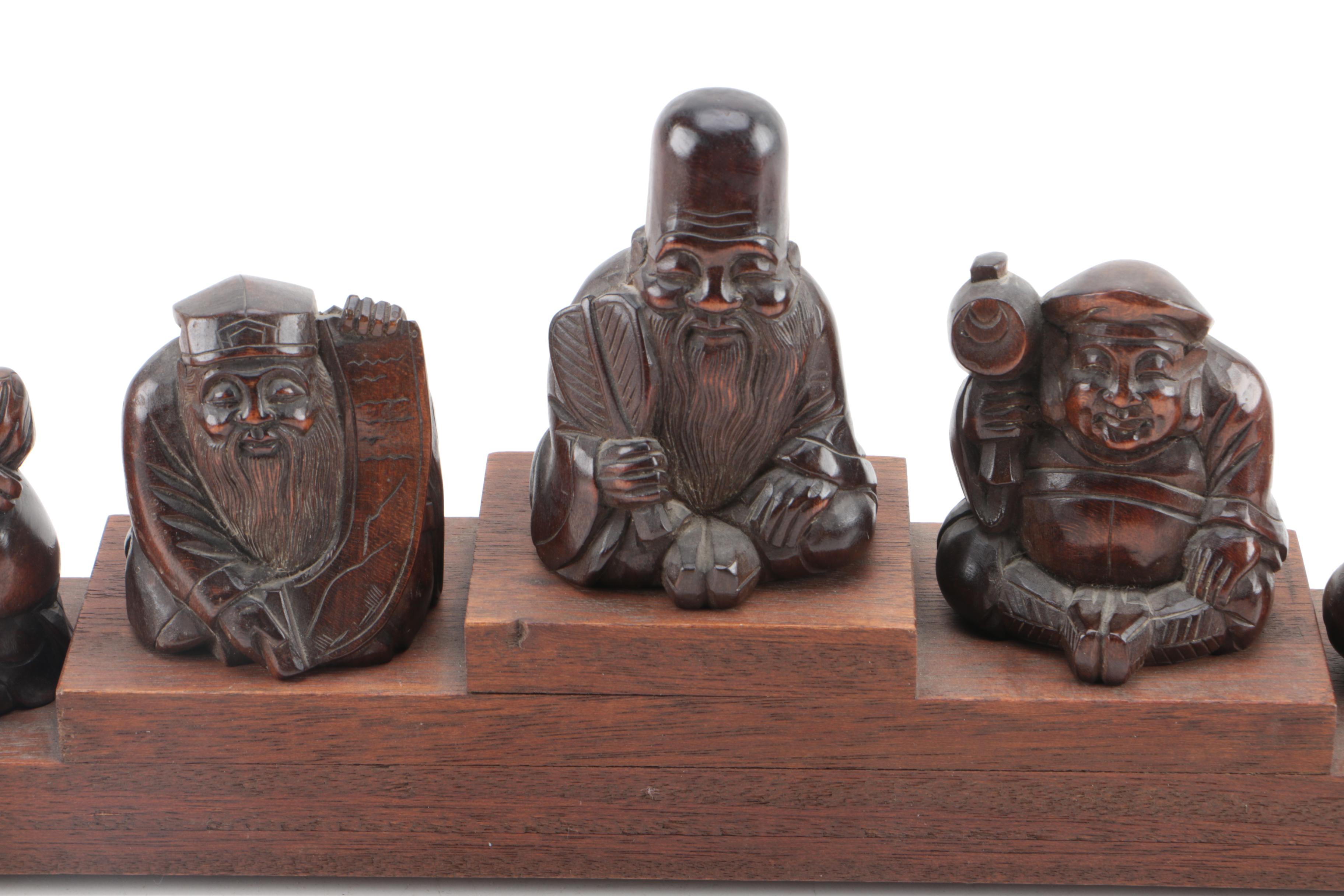 Japanese Seven Gods of Fortune Figurines on Stepped Base