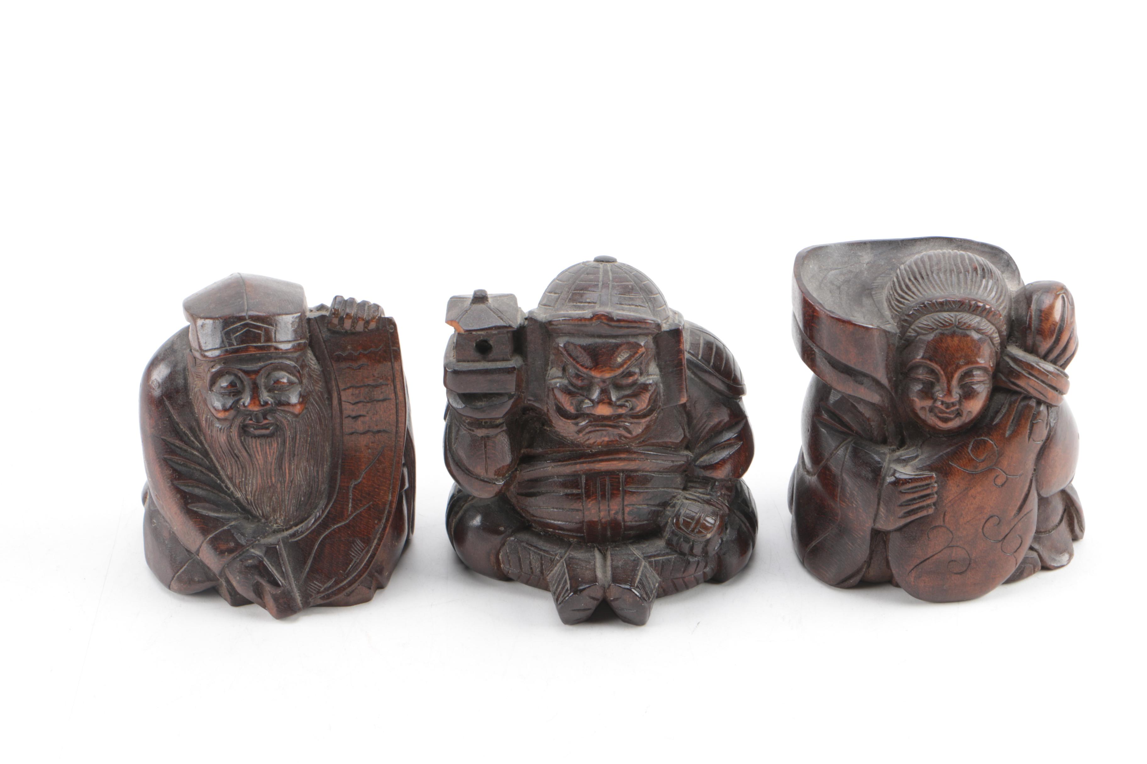 Japanese Seven Gods of Fortune Figurines on Stepped Base
