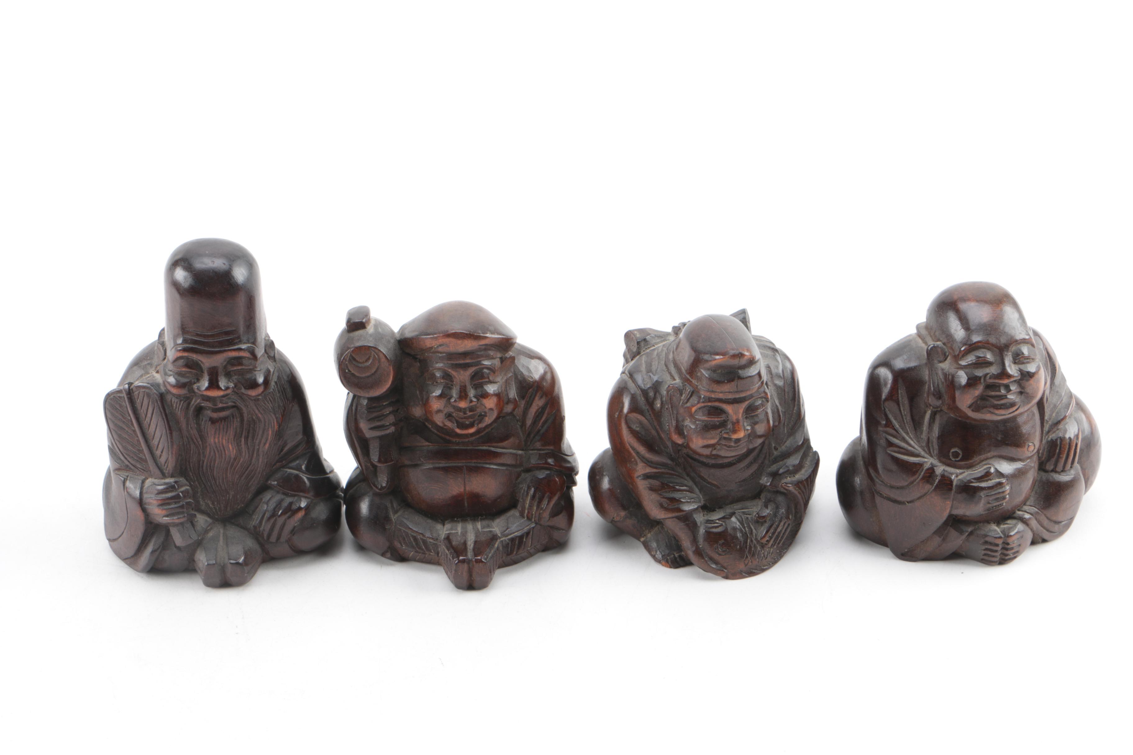 Japanese Seven Gods of Fortune Figurines on Stepped Base