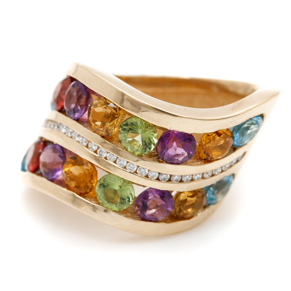 14K Yellow Gold Diamond and Multiple Gemstone Ring