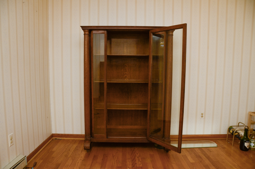 Antique Victorian Empire Style Tiger Oak Display Cabinet
