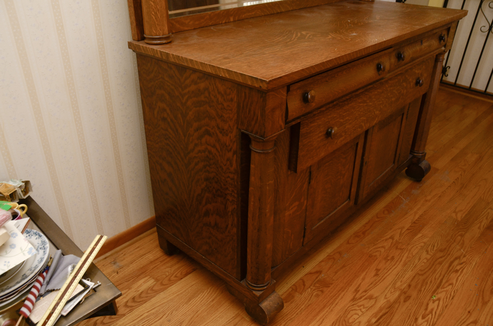 Antique Victorian Empire Style Oak Sideboard with Mirror