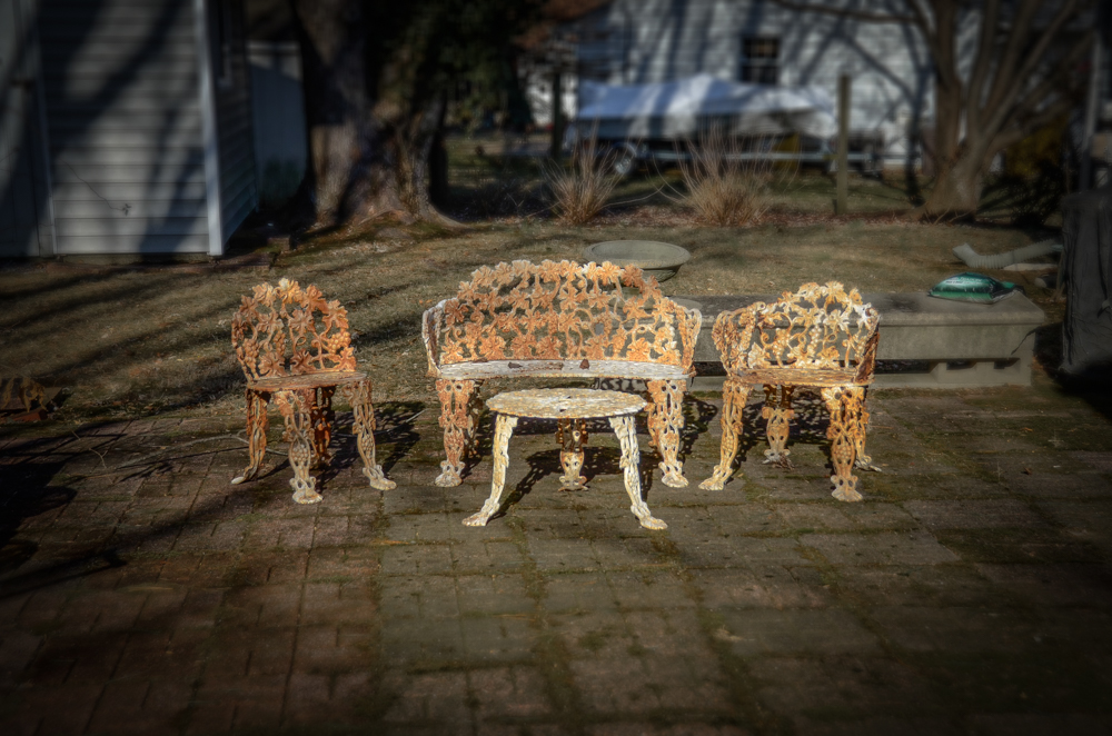 Cast Iron Bench, Armchair, Side Chair and Table
