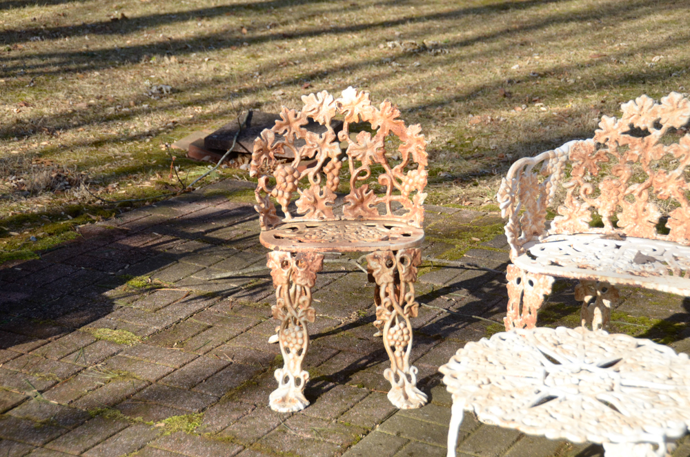 Cast Iron Bench, Armchair, Side Chair and Table