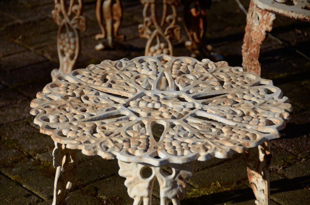 Cast Iron Bench, Armchair, Side Chair and Table