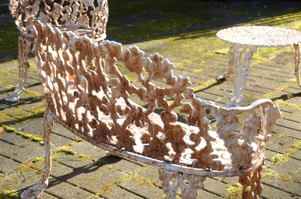 Cast Iron Bench, Armchair, Side Chair and Table