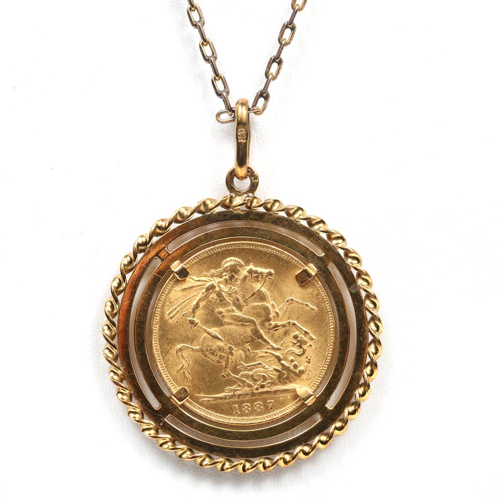 18K Yellow Gold Pendant with 1887 Great Britain Gold Sovereign Coin