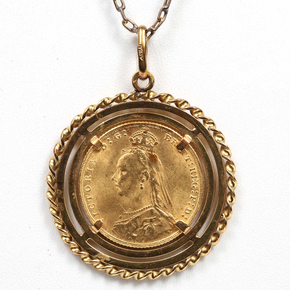 18K Yellow Gold Pendant with 1887 Great Britain Gold Sovereign Coin