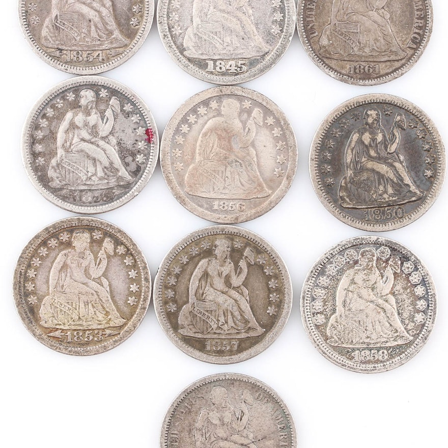 Group of Ten Seated Liberty Silver Dimes Including 1845