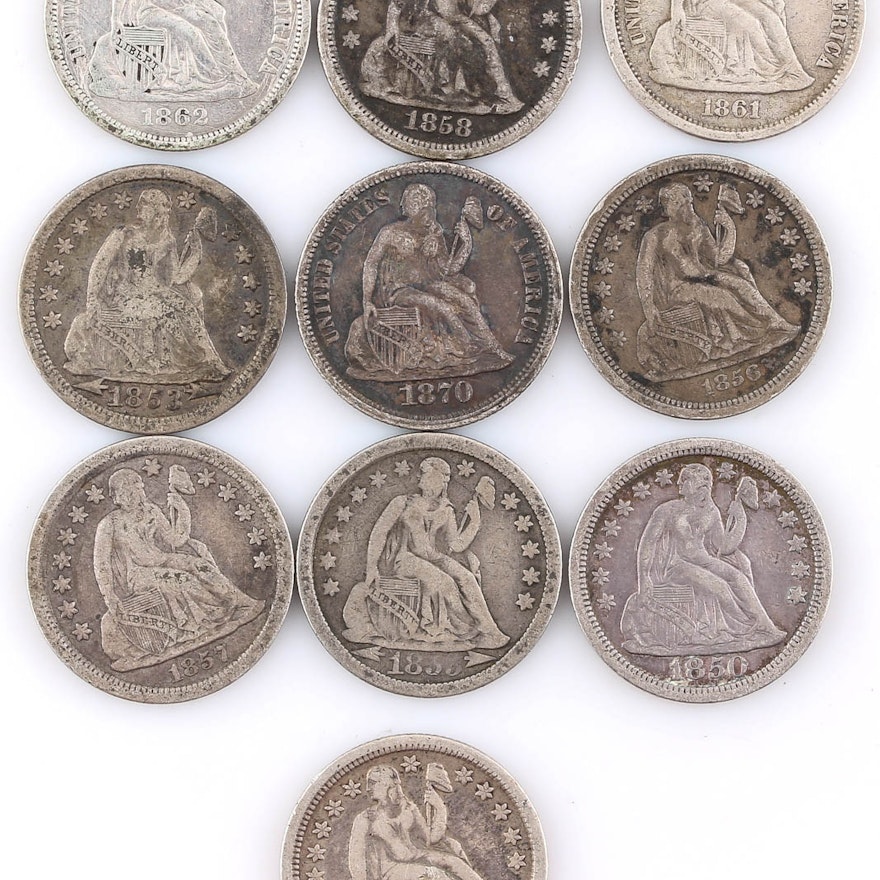 Group of Ten Seated Liberty Silver Dimes Including 1862