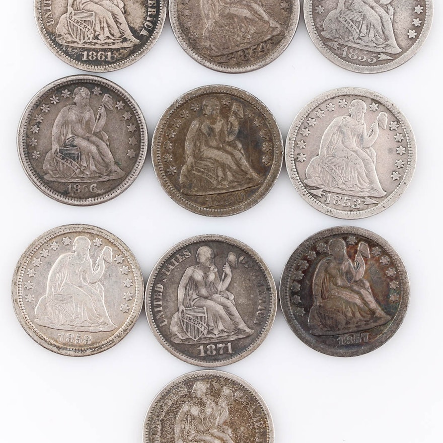 Group of Ten Seated Liberty Silver Dimes Including 1871