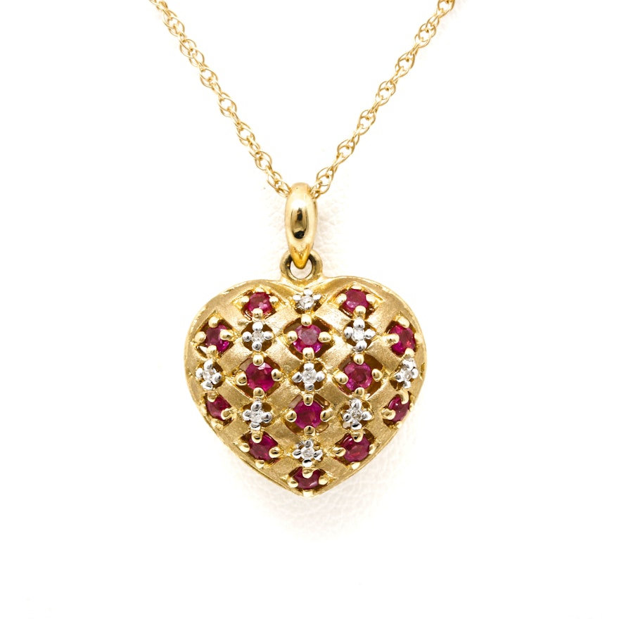 14K Yellow Gold Ruby and Diamond Pendant Necklace
