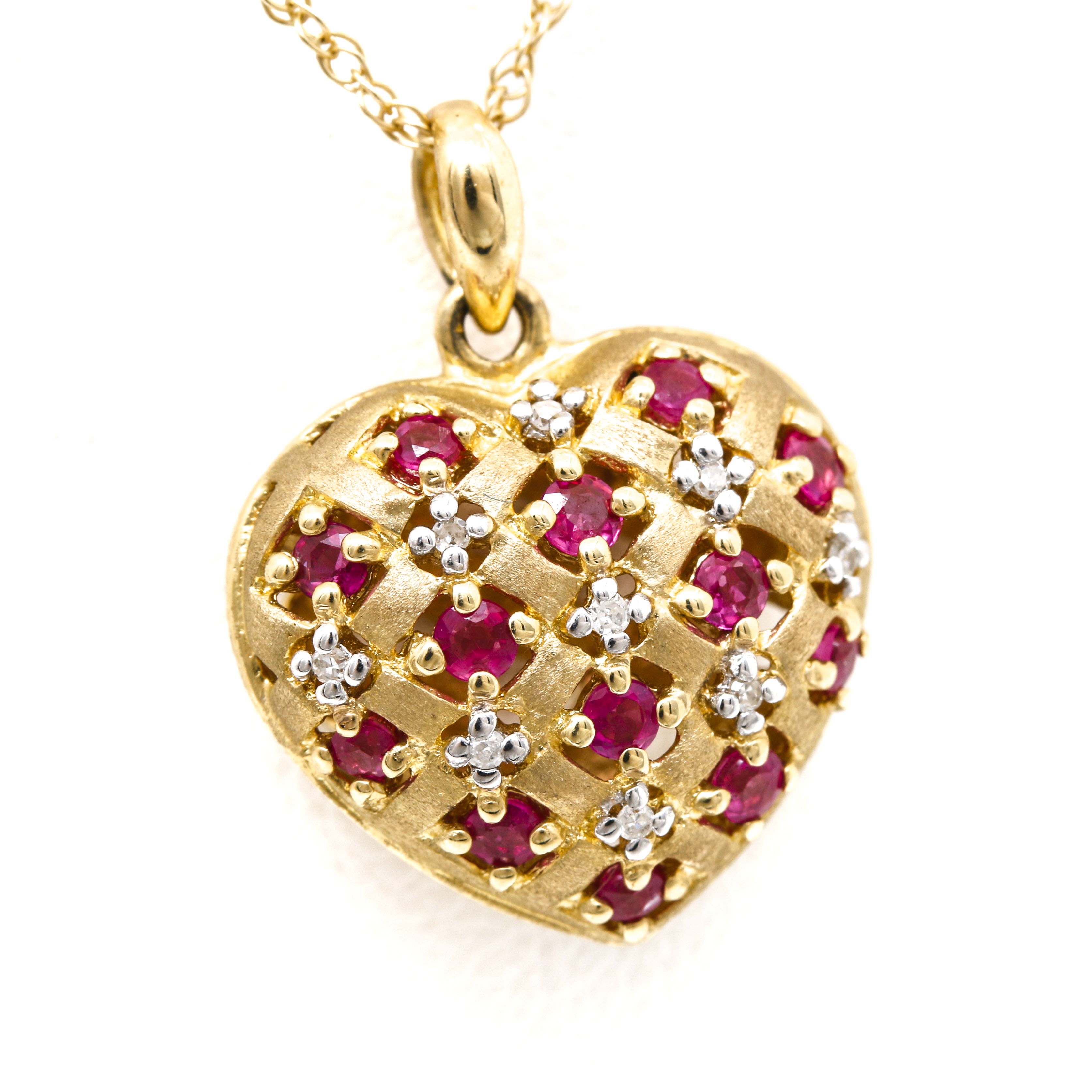 14K Yellow Gold Ruby and Diamond Pendant Necklace