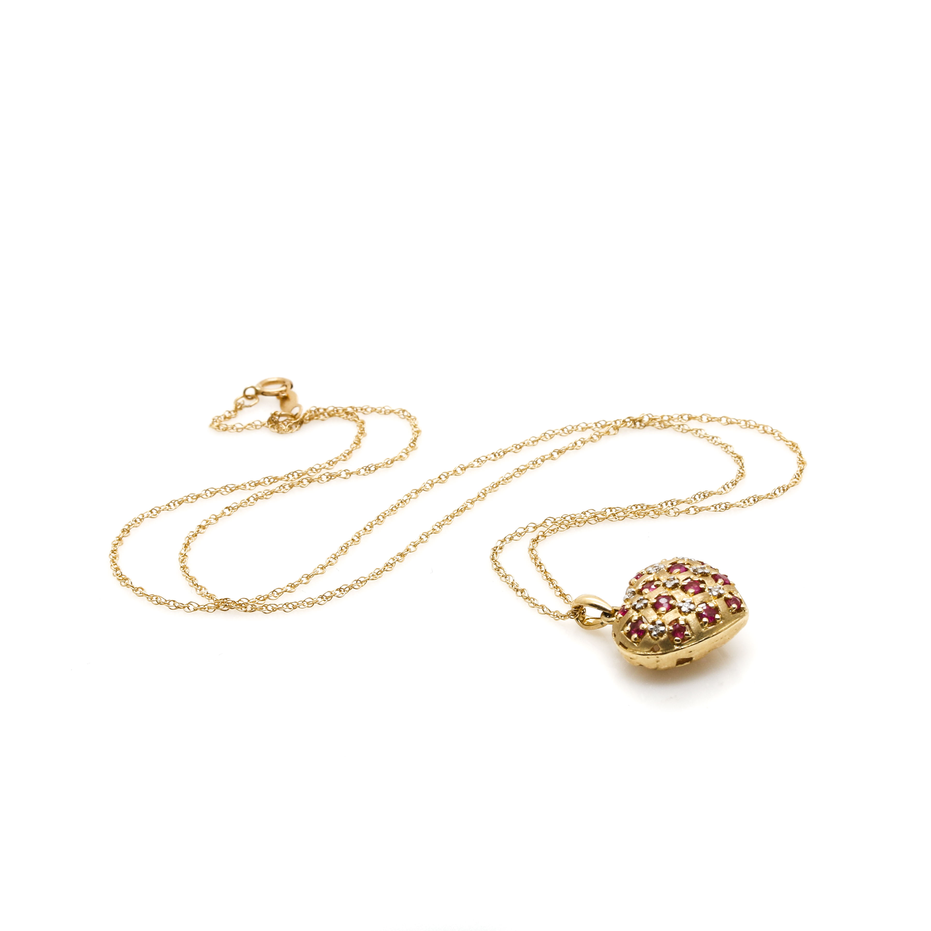 14K Yellow Gold Ruby and Diamond Pendant Necklace