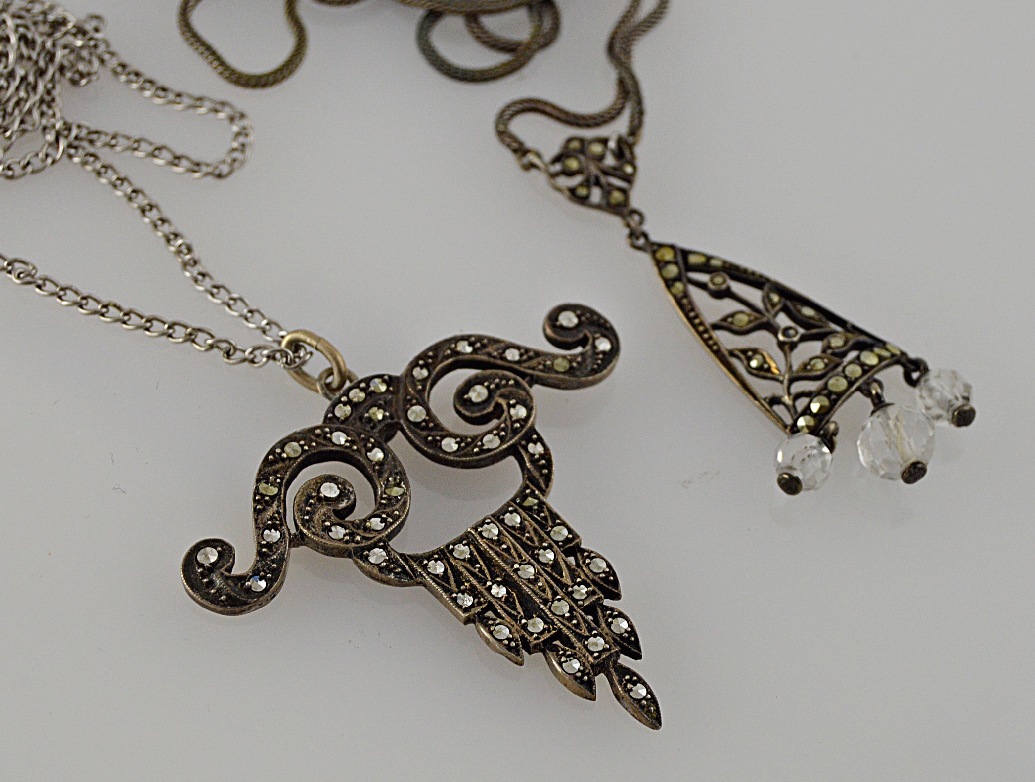 Edwardian Sterling Silver and Marcasite Pendant Necklaces