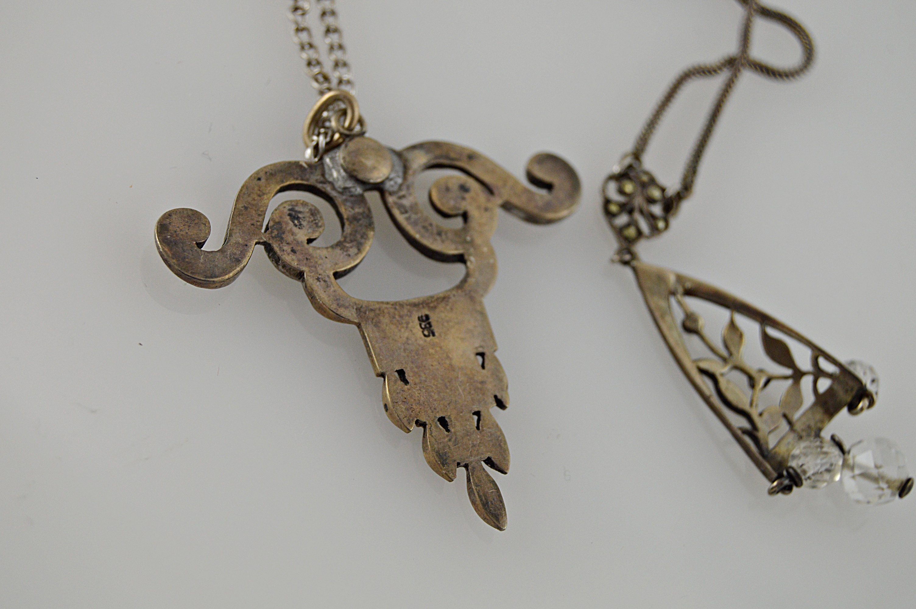 Edwardian Sterling Silver and Marcasite Pendant Necklaces