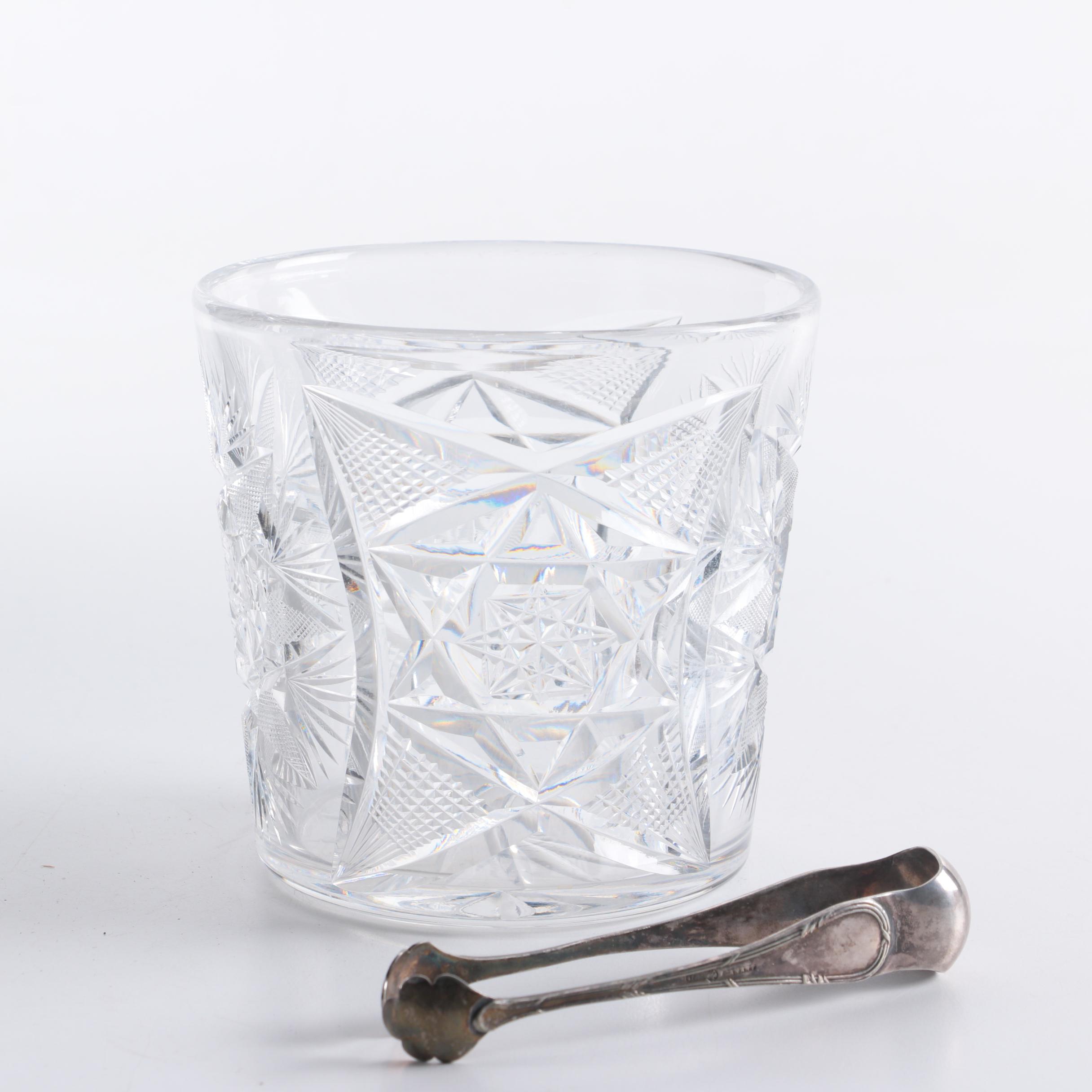 Crystal Ice Bucket with Silver Plate Tongs