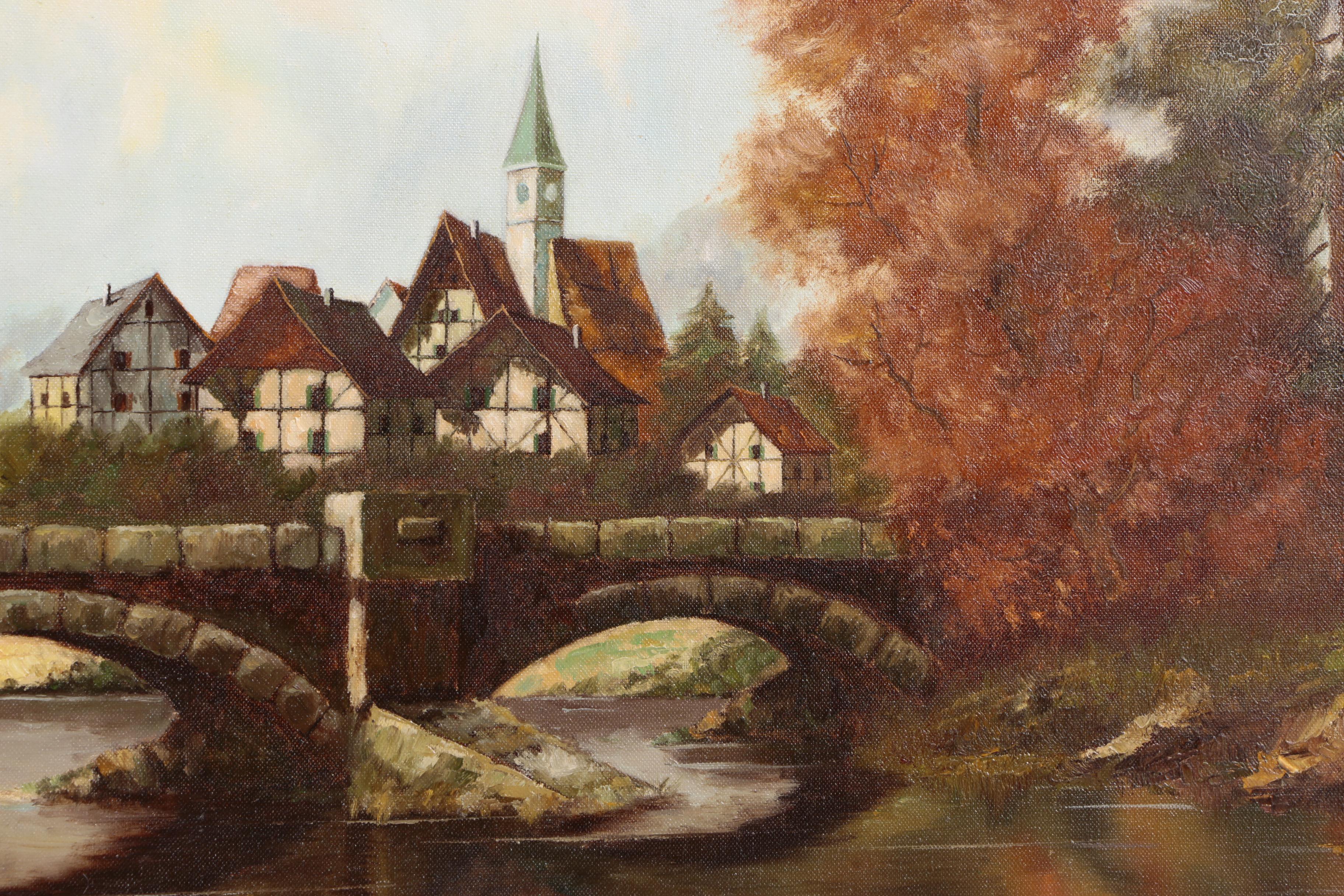 Hans Runge Oil Painting on Canvas of German Village in Autumn