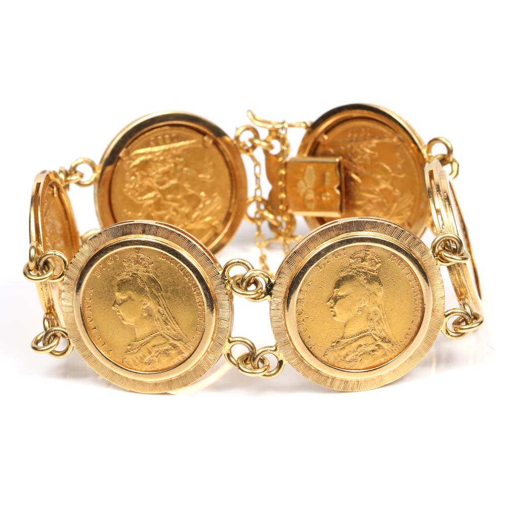 18K Yellow Gold Great Britain and Australia Gold Sovereign Station Bracelet