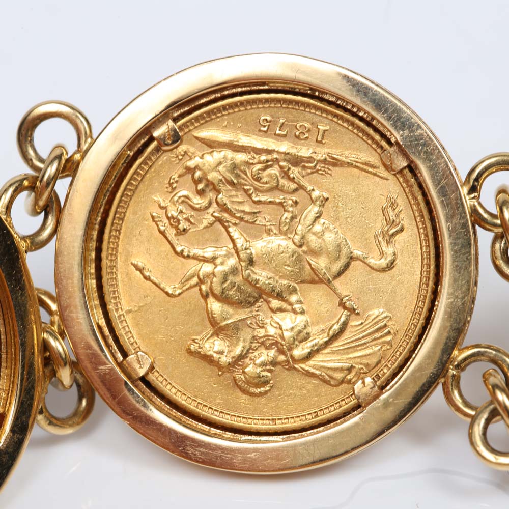 18K Yellow Gold Great Britain and Australia Gold Sovereign Station Bracelet