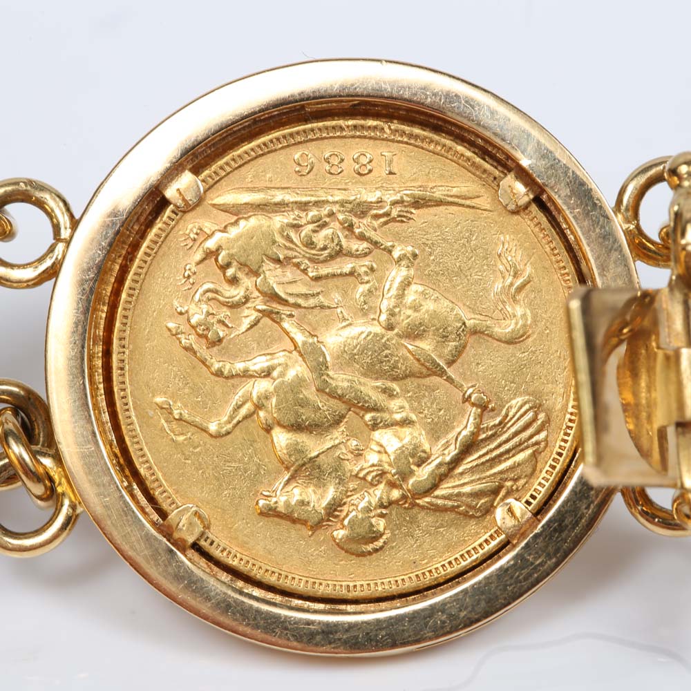 18K Yellow Gold Great Britain and Australia Gold Sovereign Station Bracelet