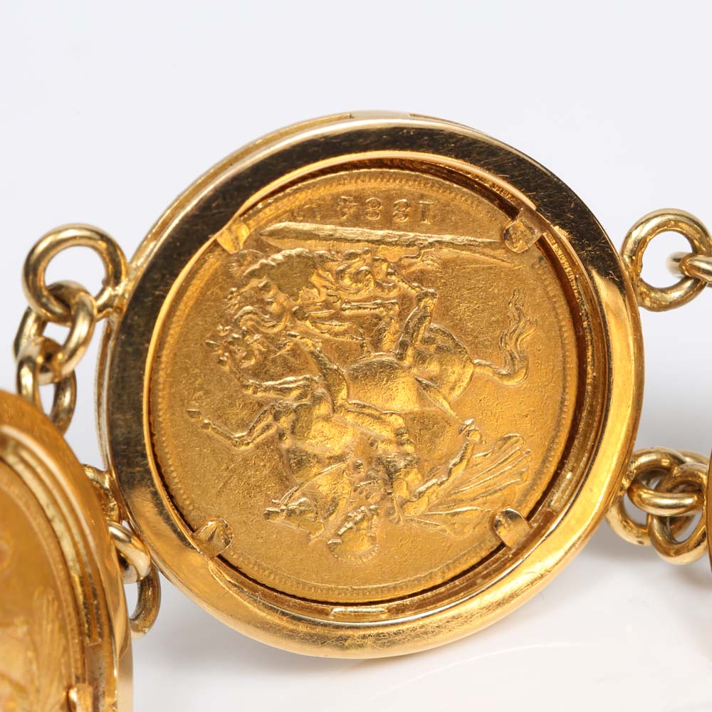 18K Yellow Gold Great Britain and Australia Gold Sovereign Station Bracelet