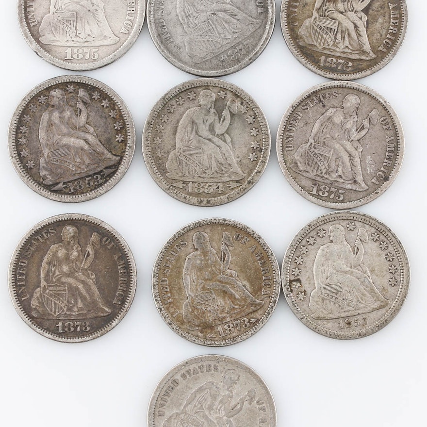 Group of Ten Seated Liberty Silver Dimes Including 1872