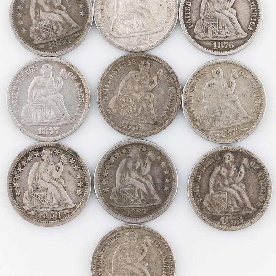 Group of Ten Seated Liberty Silver Dimes Including 1877