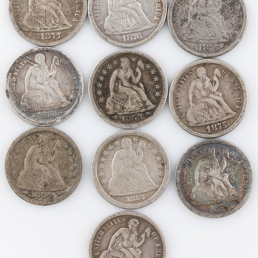 Group of Ten Seated Liberty Silver Dimes Including 1877-S