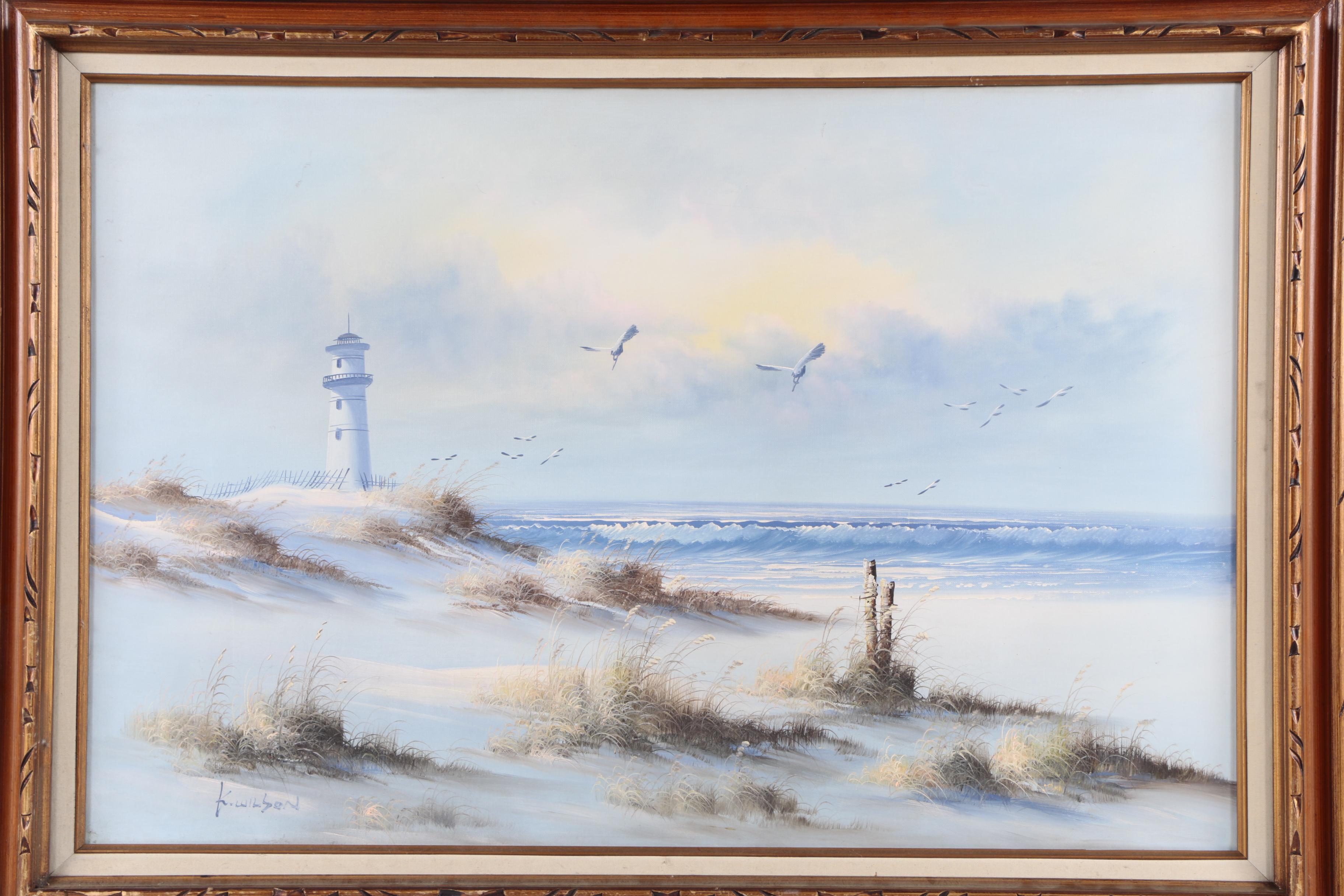K. Wilson Oil Painting on Canvas of Seascape with Beach and Lighthouse